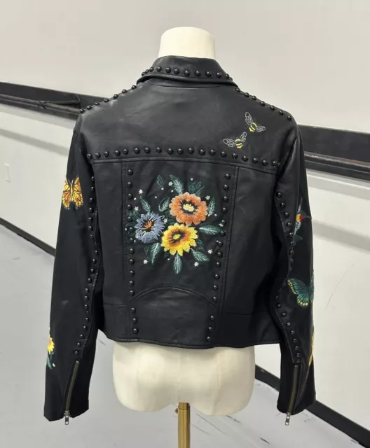 Torrid Women’s Black Studded Embroidered Faux Leather Moto Jacket Floral Size 00