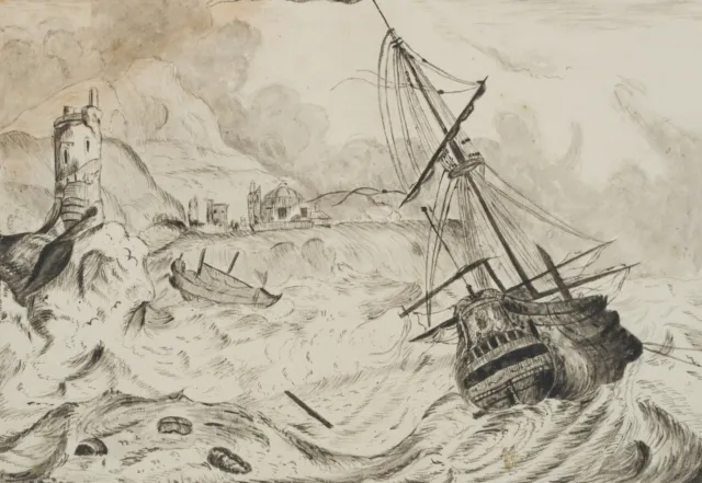 Unbekannt (18.Jhd), Schiff auf stürmischer See, um 1800, Bleistift Romantik