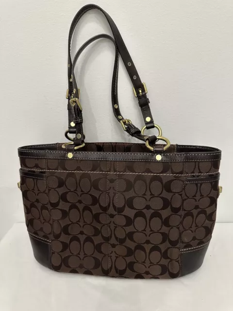 Coach Gallery Brown Signature Logo Canvas Leather Trim Tote Handbag 11237