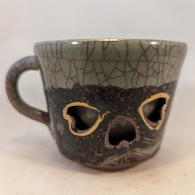 Vintage Japanese Ceramic Pottery Obori Soma Yaki Tea Cup Celadon Double Walled