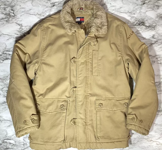 Vintage Tommy Hilfiger Winter Jacket Parka Mens XL Tan Beige Quilted Zip Button