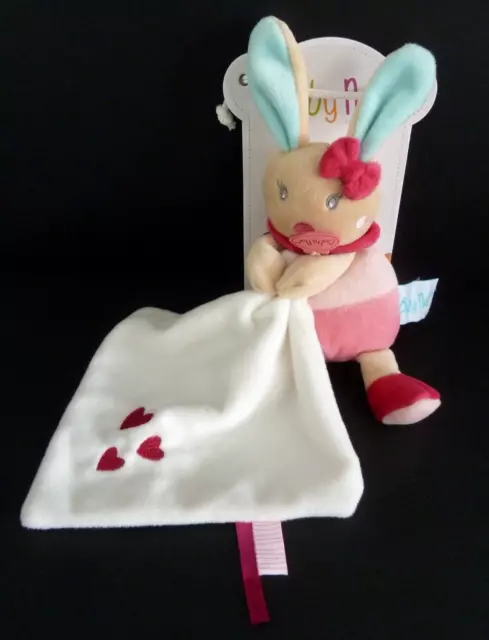 TT*. DOUDOU BABY NAT LAPIN PERLE ROSE BLEU MOUCHOIR BLANC COEUR 17cm 100% NEUF*