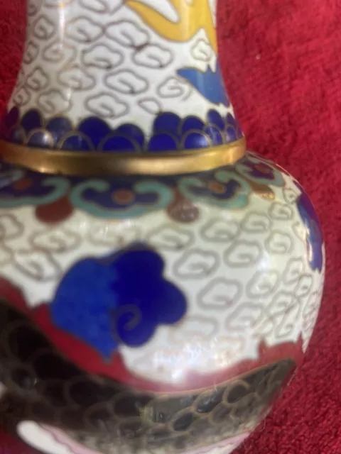 VTG Chinese Cloisonne Enamel, Metal Vase Claw Dragon White, Vintage