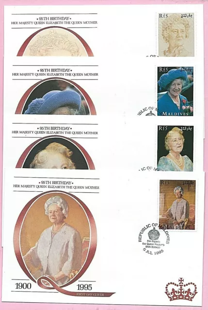 MALDIVES 1995 Set of 4 FDC's - QUEEN MOTHER'S 95th BIRTHDAY - SG2274/7 - Shs