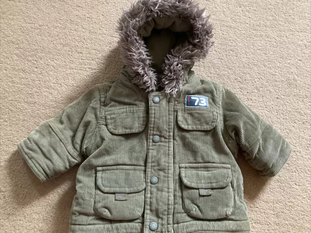 3-6 Month Winter Coat Khaki Cordery Cherokee Green Warm Fluffy Hood Boy Girl