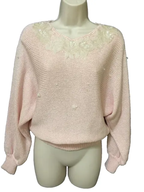 Vintage 80s CROP SWEATER Pink/beaded KNIT LILLY OF CALIFORNIA SZ M