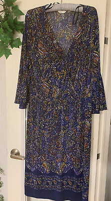 mlle gabrielle dress 2x navy blue yellow orange faux wrap