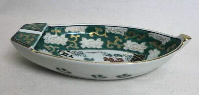 Vintage  Imari Hand Painted Boat Ash Tray Porcelain Gold Trimmed Bridge Trees 2