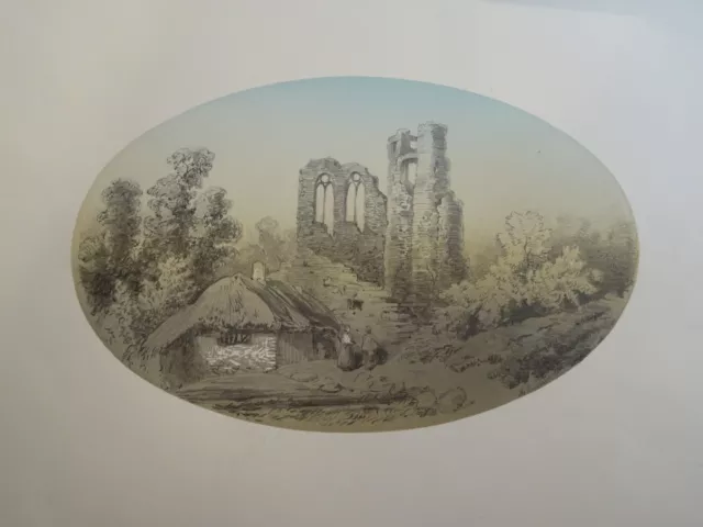 Ecole FRANCAISE XIX DESSIN CRAYON TEINTÉ PAYSAGE RUINE EGLISE ROMANTISME 1850