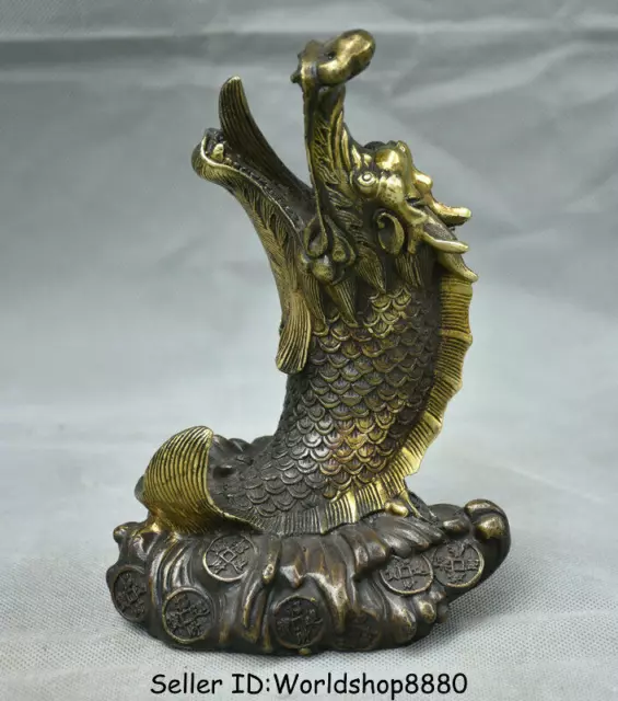 7" Marked Old Chinese Red Copper Gilt Feng Shui Dragon Fish Wealth Lucky Statue