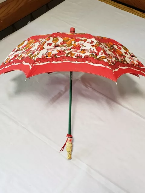 Red Vintage Child’s Kids Parasol Umbrella mouse Cloth Fabric Wood Handle Chinese