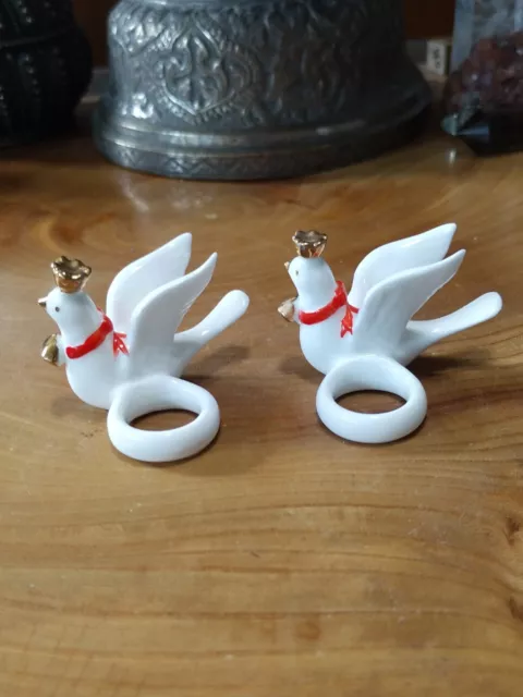 Pair vintage Napco porcelain dove bird candle huggers