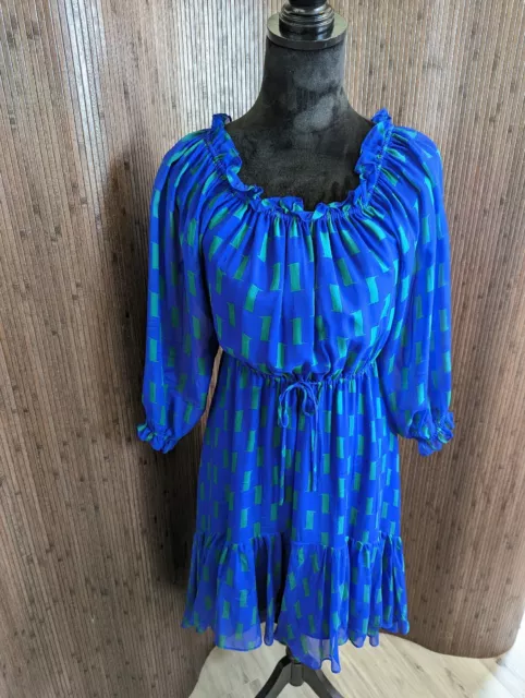 Diane Von Furstenberg Blue Print 100% Silk A Line Dress, Size 0