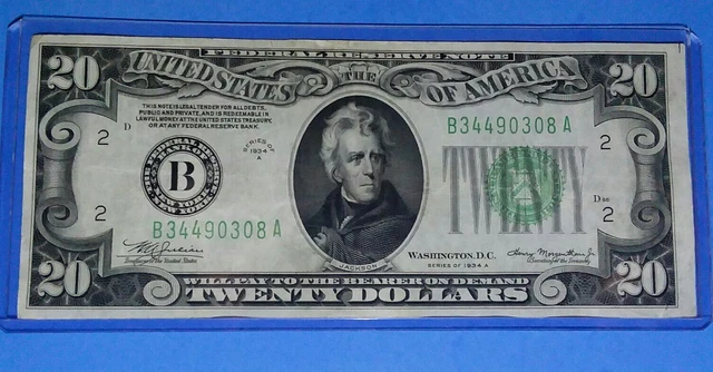 *1934 A $20 ~Frn B- New York ! Green Seal, Xf. Crisp !  Old Us ! Nice !