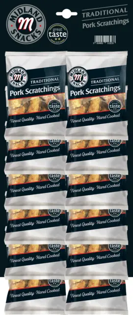 Midland Snacks Traditional Pork Scratchings  12 x 40g Packs Meat Snack Pub Card