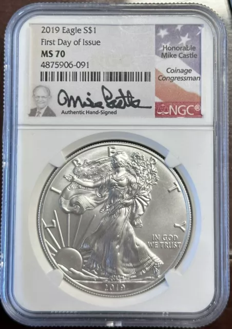 Pristine | 2019 Silver Eagle Ngc Ms70 Mike Castle Signed First Day Of Issue Fdi