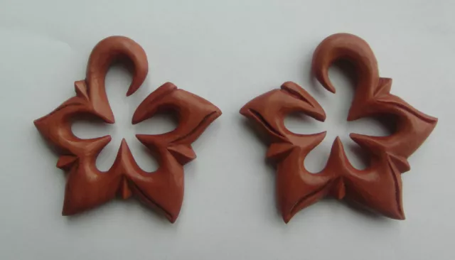 Pair Organic Sawo Wood Star Flower Tribal Floral Spirals Ear Expander Plug Gauge 3