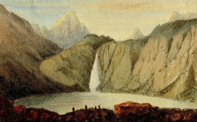 Dibujo antiguo firmado A.Collomb Paisaje Lago Oo Pyrénées