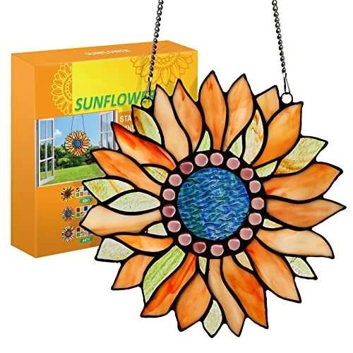 Large Size Sunflower Stained Glass Window Hangings Suncatcher Handmade Tiffan...