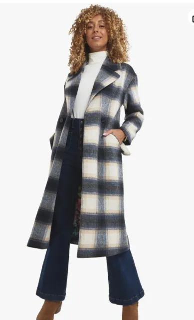 Joe Browns Long Line Double Breasted New York Style Blue Check Coat Sz Uk 12 #W