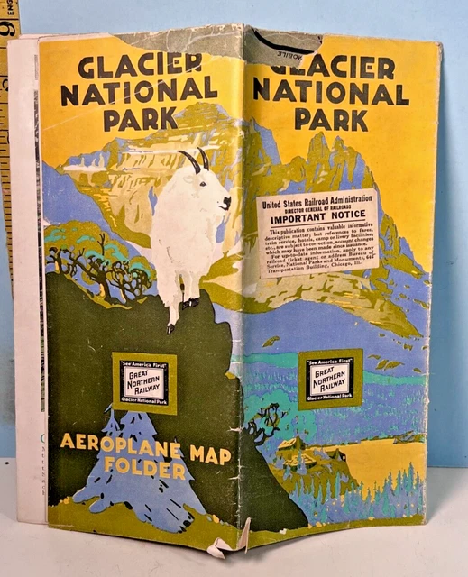 1910'S GREAT NORTHERN Railways Glacier National Park Aeroplane Map