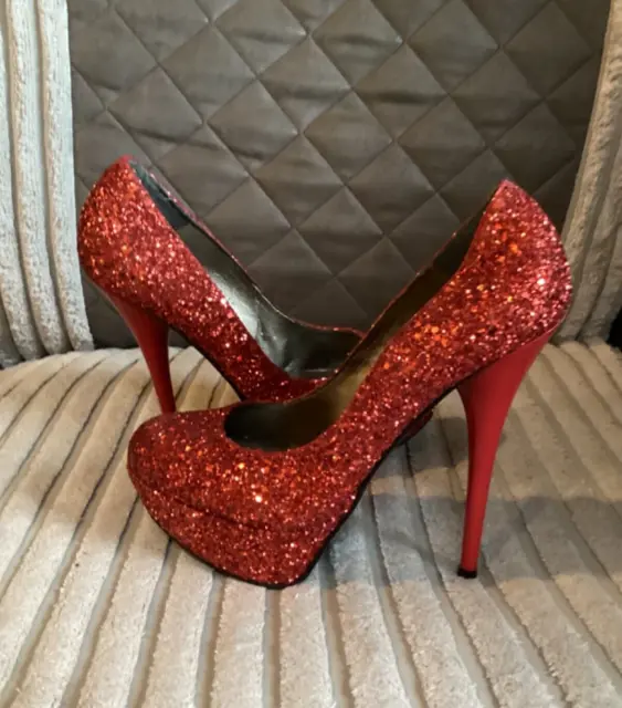SCHUH WOMENS LADIES Red Glitter High Heel Party Court Shoes Size UK 4 ...