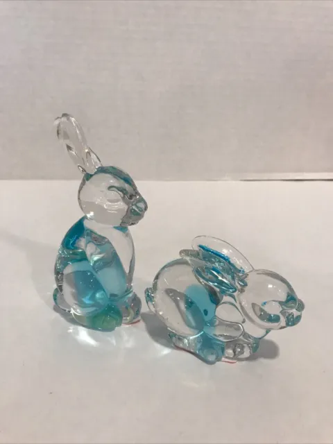 2 Clear Glass Bunny Paperweight Rabbit Hand Blown Blue Figure Easter