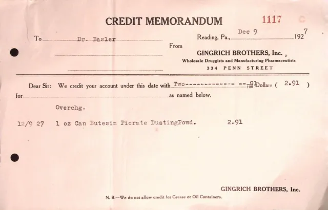 Gingrich Brothers Inc Chemists Druggists Reading PA 1927 Refund Note Dr. Basler