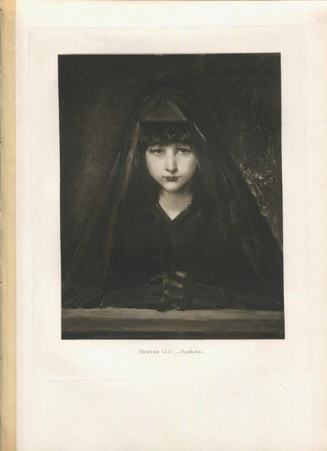 Antique Victorian Mourning Sorrow Girl In Black Dress Veil Gloves Henner Print