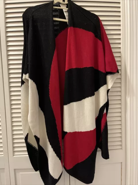 Chicos Womens One Size Wrap Sweater Shawl Black White Red Open Front