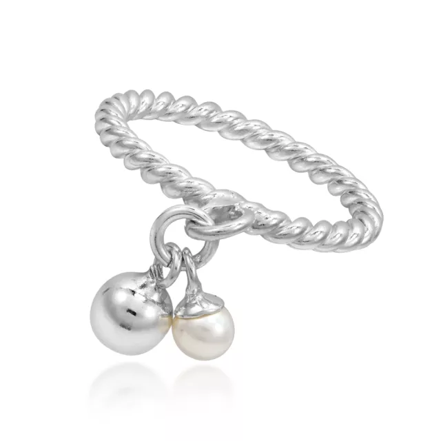Dangle Cultured Pearl and Sphere Eternity Twisted Band Sterling Silver Ring-8