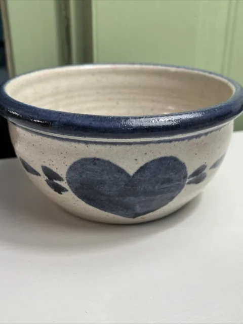 Vtg Pottery Stoneware Salt Glazed Crock Bowl Cobalt Blue Heart