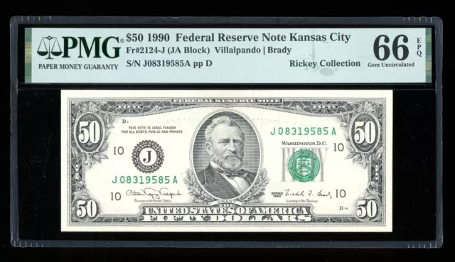 DBR 1990 $50 FRN Kansas City Gem Fr. 2124-J PMG 66 EPQ Serial J08319585A