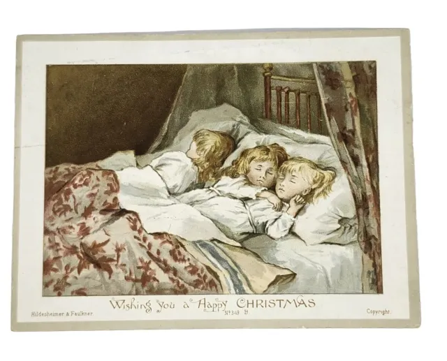 1800's Victorian Greeting Card Sleeping children On Christmas Eve.