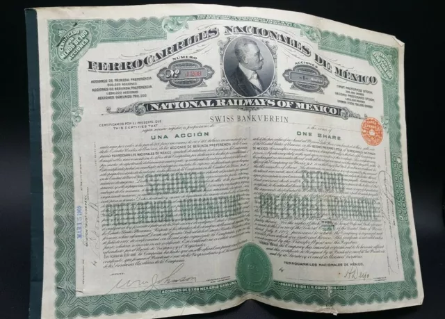 NATIONAL RAILWAYS OF MEXICO One Share 1909 Stock Certificate for framing or prop