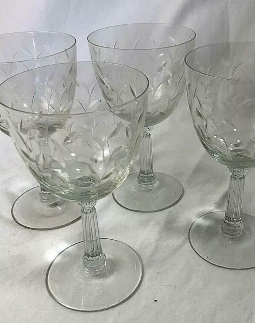 4 VTG Etched Glass Cut Crystal Wine Goblets Stemware Barware Fluted Stem Vine 3