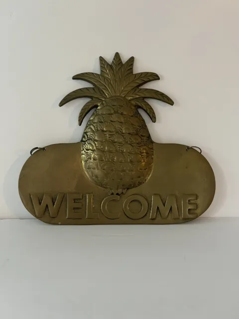 Heavy Brass Pineapple Welcome Sign, Door Plaque Hospitality Hang or Mount