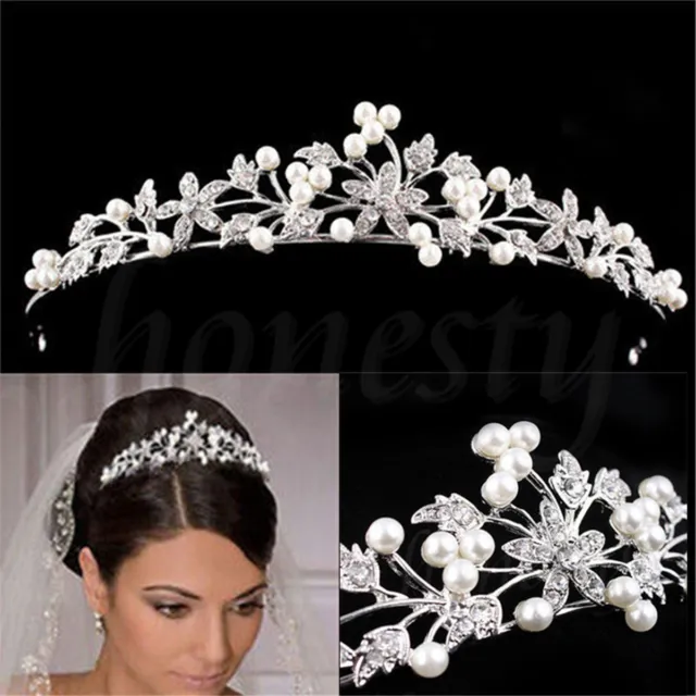 Wedding Bride Bridal Flower Prom Party Pearl Crystal Tiara Hair Band Headband