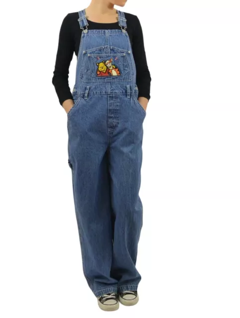 VTG Denim Disney Pooh Wide Leg Cotton Blue Jean Bib Overalls Pants Womens Medium