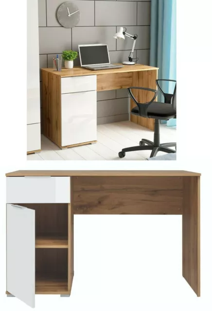 Office Desk Storage Cupboard 1 Drawer 1 Door 120cm White Gloss Oak Effect Zele