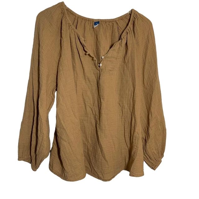 Old Navy Women's Size 2X tan Shirred Double-Weave Long-Sleeve Gauze top  Blouse