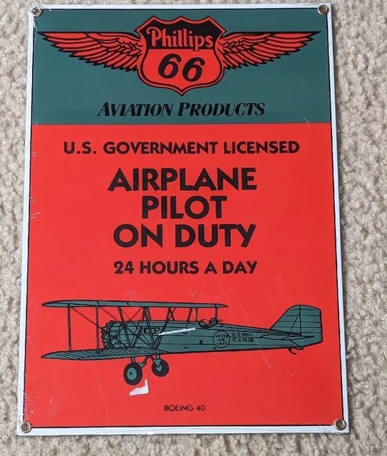Vintage ANDE ROONEY PHILLIPS 66 "AIRPLANE PILOT ON DUTY" PORCELAIN SIGN boeing,