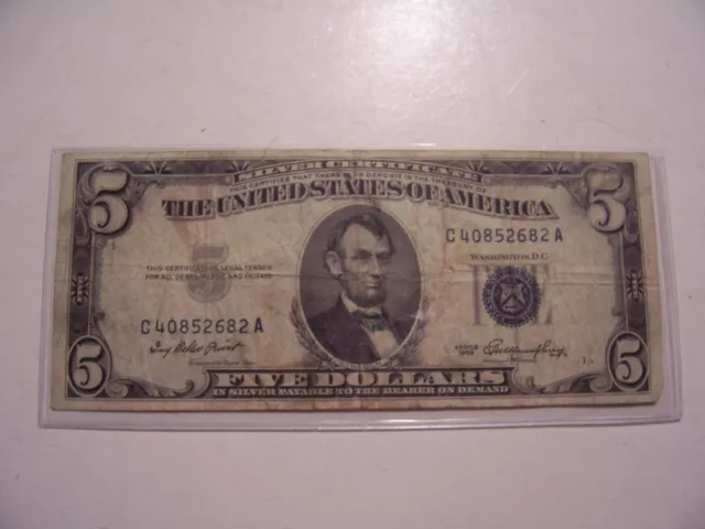 1953 Blue Seal Five Dollar Us Silver Certificate Serial C 40852682 A