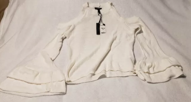 Express Women's XS Off White Cold Shoulder Bell Ruffle Sleeve Sweater NWT