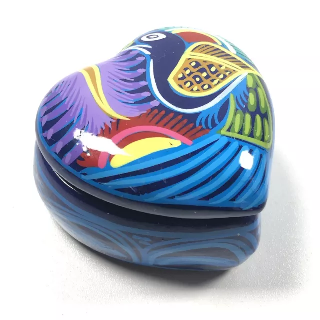 Talavera Heart Shaped Trinket Jewelry Box Lid Tonala Pottery Hand Painted Bird