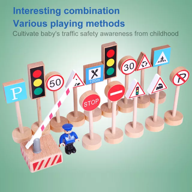 16X Wooden Traffic Signs Playset Street Road Signs Model Educational Toy Kid·〔