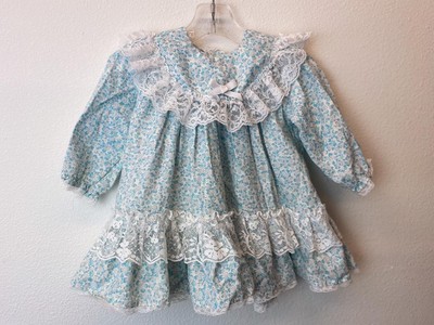 Vintage Baby Dress 12 Months Blue Floral Lace Bib Collar
