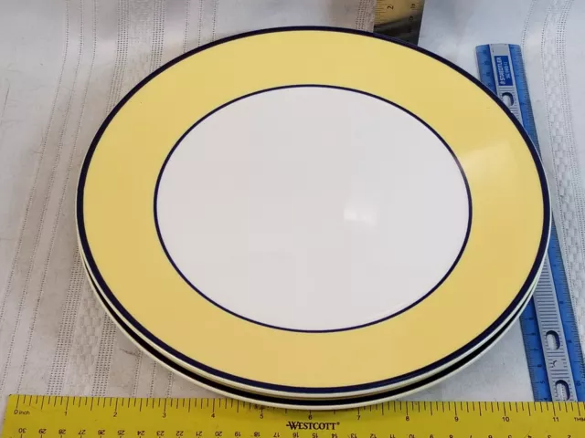 2 Coupe Dinner Plate Pagnossin SPA YELLOW Pastel Ironstone Blue Trim 10.75"