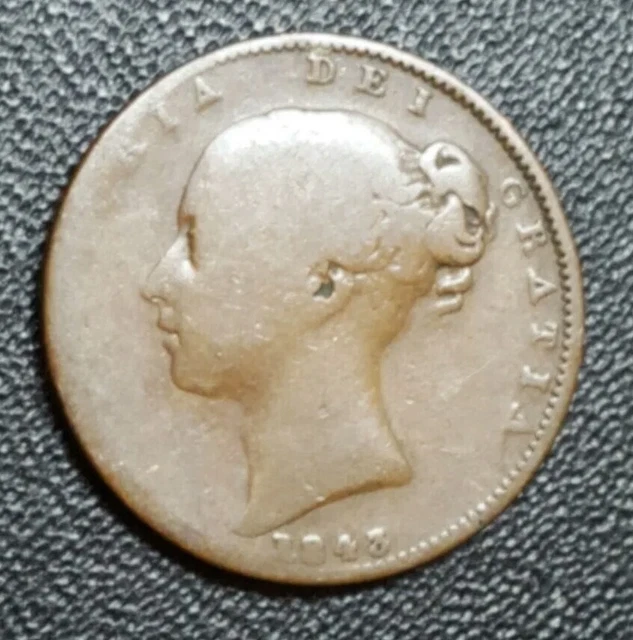 1843 GREAT BRITAIN FARTHING KM 725 KEY DATE QUEEN VICTORIA OLD 1800's FINE COIN
