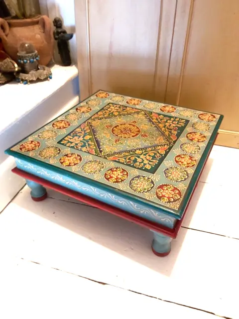 Hand Painted Wooden Indian Bajot Table In An Antique Finish - Turquoise Tones